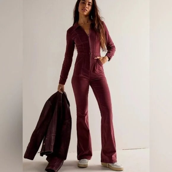 new FREE PEOPLE We The Free Cordovan Jayde Cord Flare Jumpsuit 5T3 - Picture 1 of 6